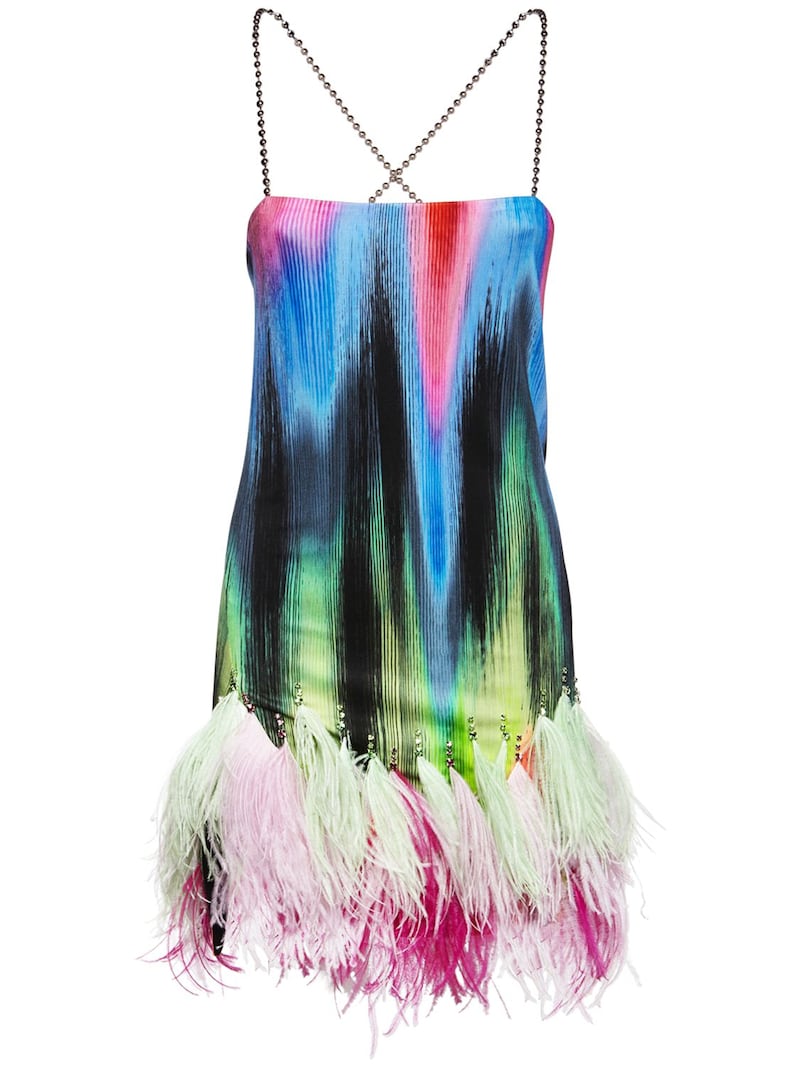 attico tie dye multi feather diamante dress to rent