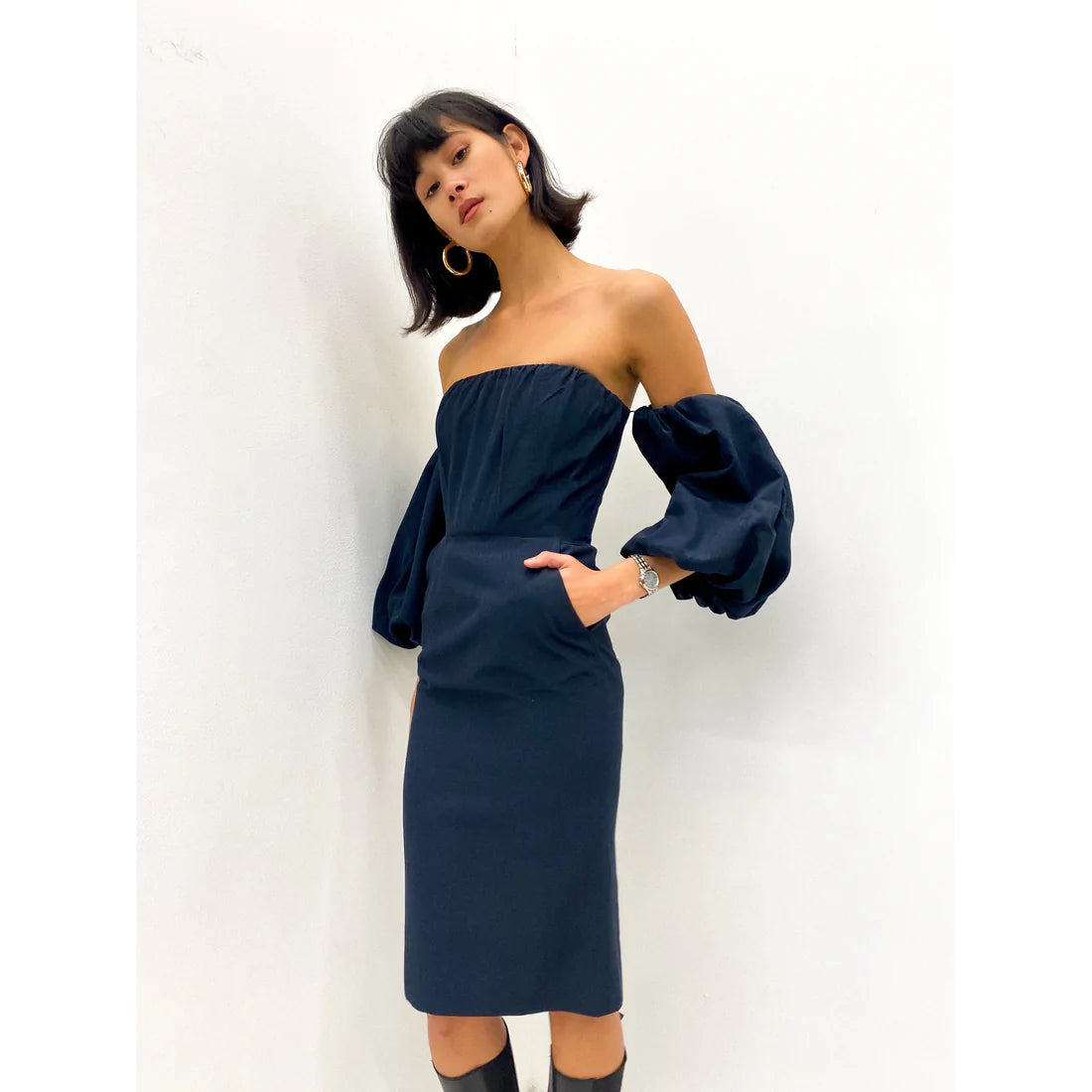 STELLA MCCARTNEY Navy Off The Shoulder Dress