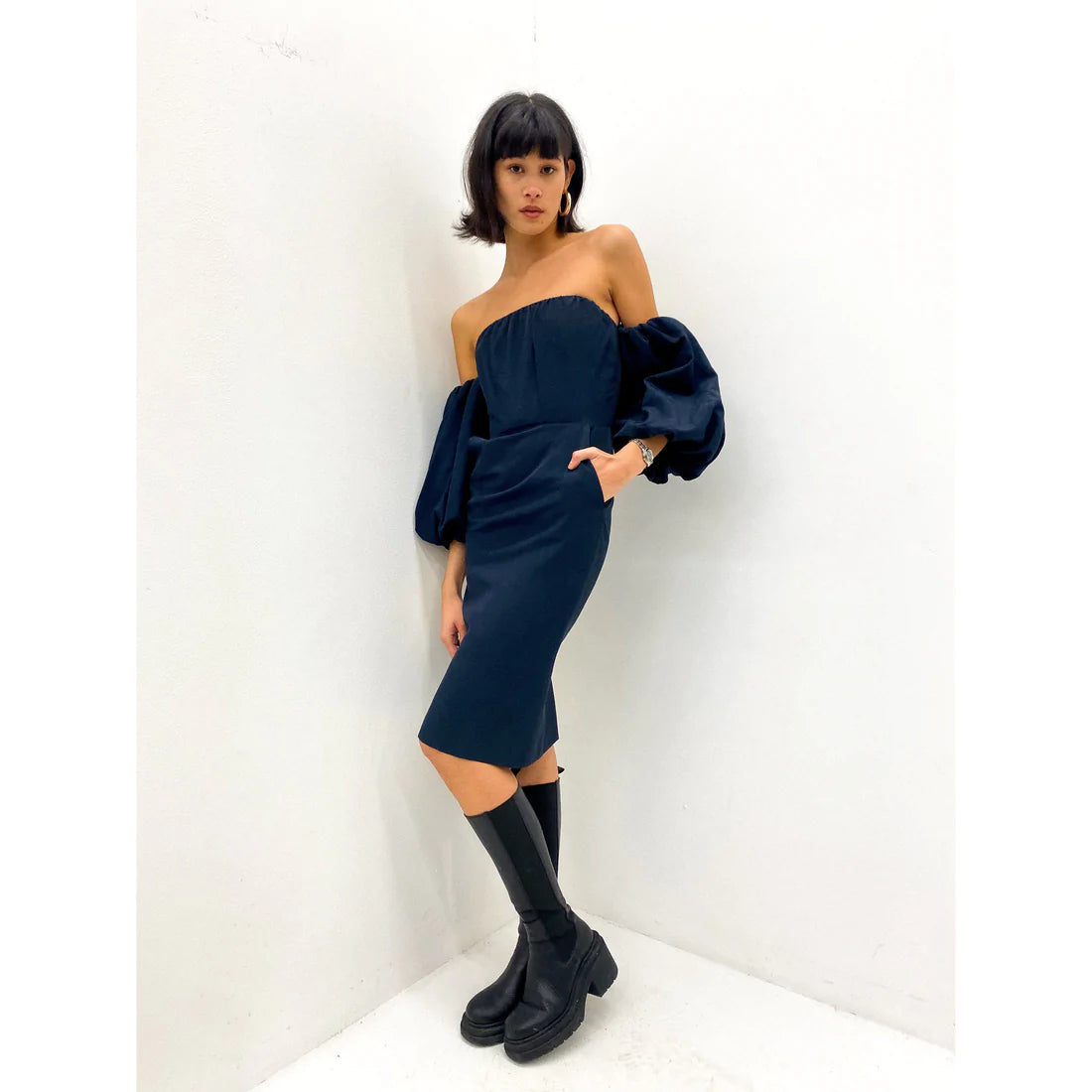 STELLA MCCARTNEY Navy Off The Shoulder Dress