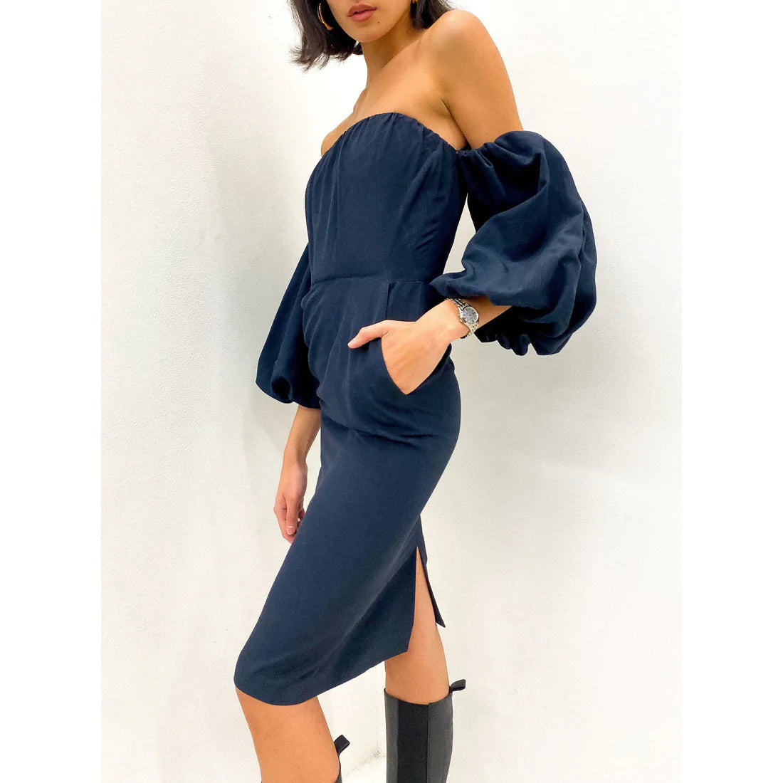 STELLA MCCARTNEY Navy Off The Shoulder Dress