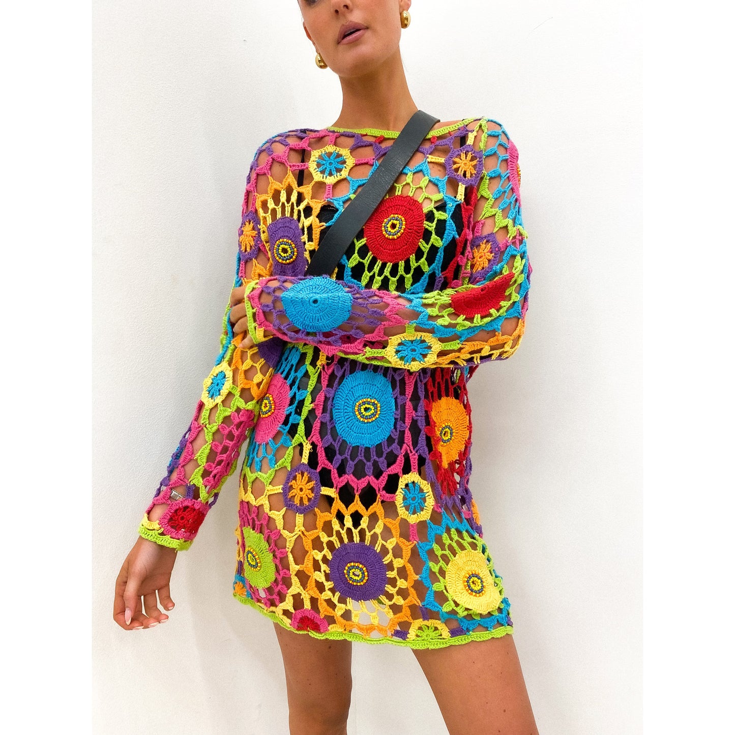 Rainbow 1990s Crochet Dress S - L