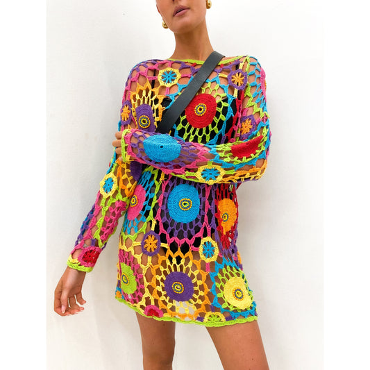 Rainbow 1990s Crochet Dress S - L
