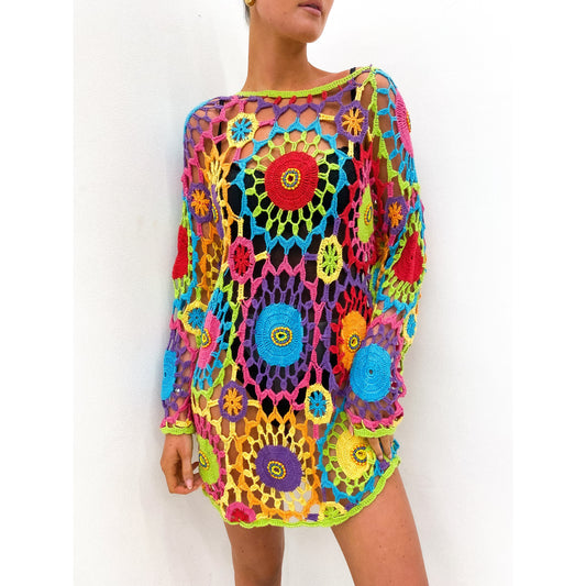 Rainbow 1990s Crochet Dress S - L